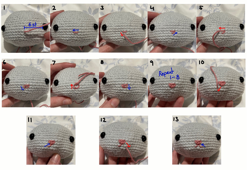 visual instructions for sewing a bunny nose